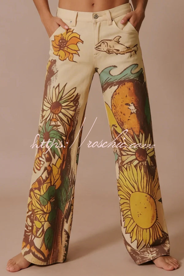 Doodle Print Wide Leg Jeans – Mid Rise, Loose Fit