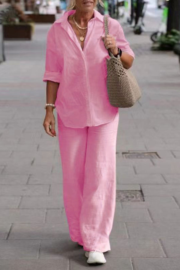 Knit Long Sleeve Shirt & Wide-Leg Pants Set – Casual Loose Fit