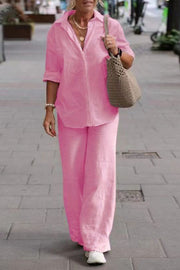 Knit Long Sleeve Shirt & Wide-Leg Pants Set – Casual Loose Fit