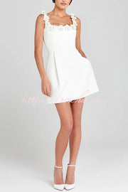 Faux Pearl Flower Applique Square Neck Mini Dress with Pockets
