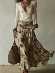 Cream Ribbed Wrap Top & Floral Maxi Skirt Set