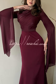 Ruched Organza Satin Patchwork Maxi Dress with Bell Sleeves