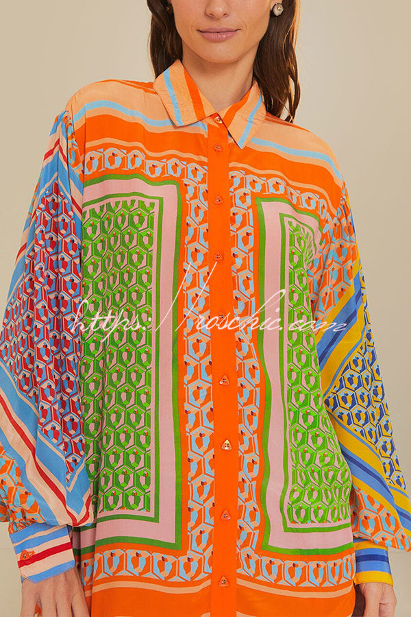 Balloon Sleeve Printed Button Shirt | Loose Vacation Blouse