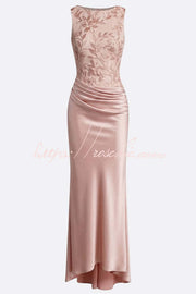 Light Pink Satin Maxi Dress with Floral Embroidery