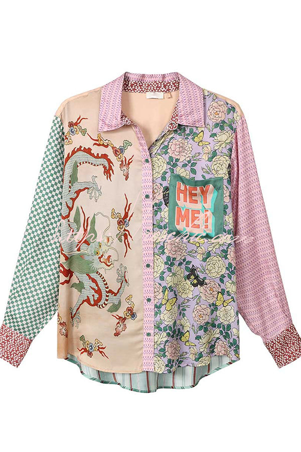 Dragon Print Patchwork Loose Shirt with Chest Pocket