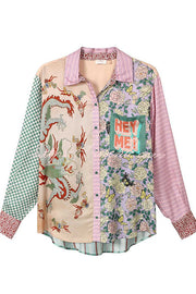 Dragon Print Patchwork Loose Shirt with Chest Pocket