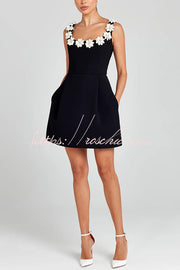 Faux Pearl Flower Applique Square Neck Mini Dress with Pockets