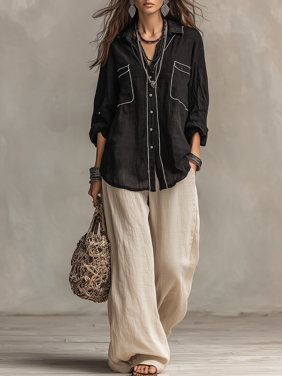 Black Linen Long Sleeve Blouse – Relaxed Bohemian Top