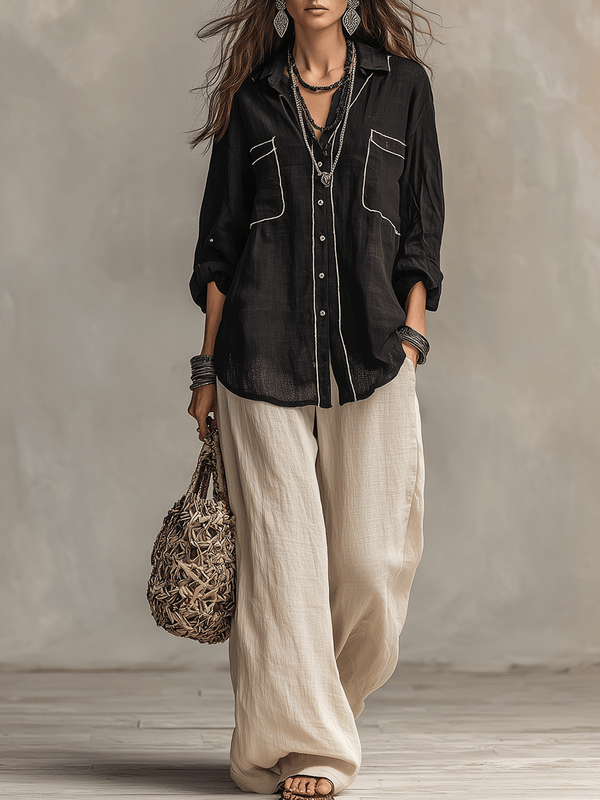 Black Linen Long Sleeve Blouse – Relaxed Bohemian Top