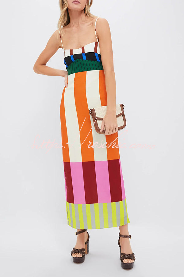 Linen Blend Color Block Slip Maxi Dress for Vacation