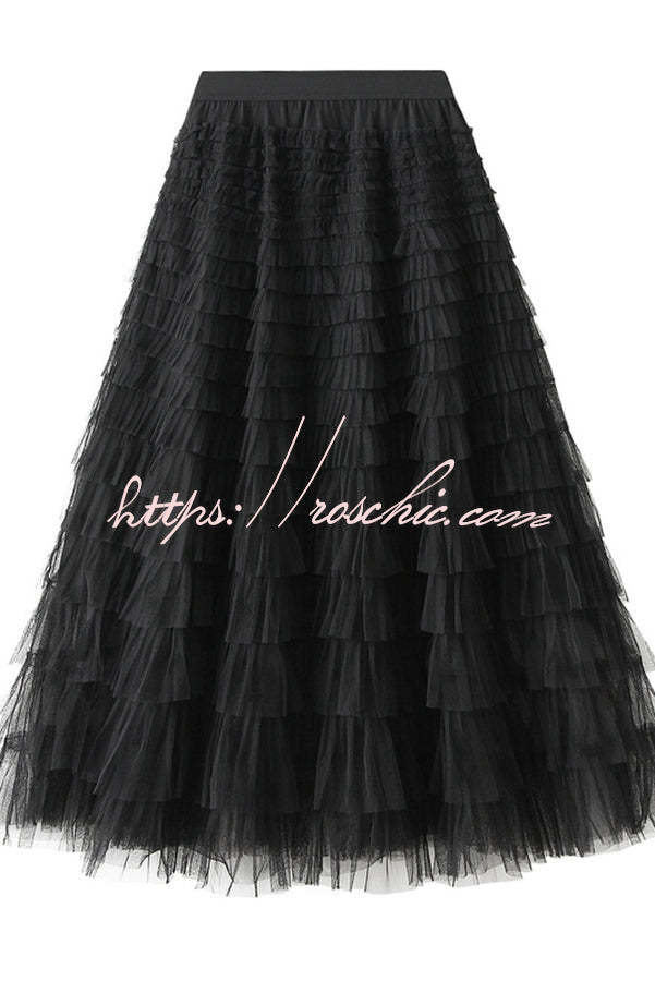 Tiered Tulle Maxi Skirt with Elastic Waist – Loose Fit