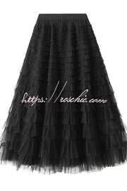 Tiered Tulle Maxi Skirt with Elastic Waist – Loose Fit
