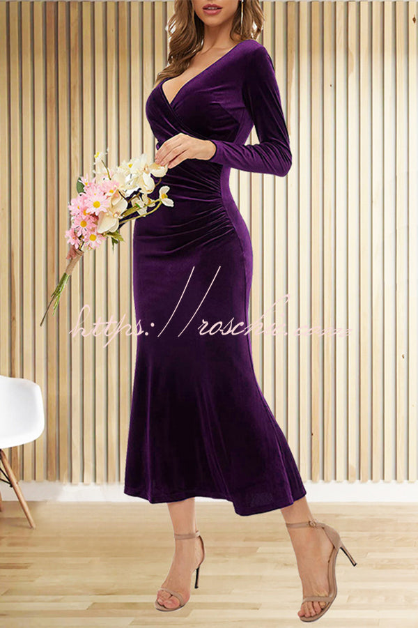 Velvet Long Sleeve V-Neck Fishtail Maxi Dress – Slim Fit