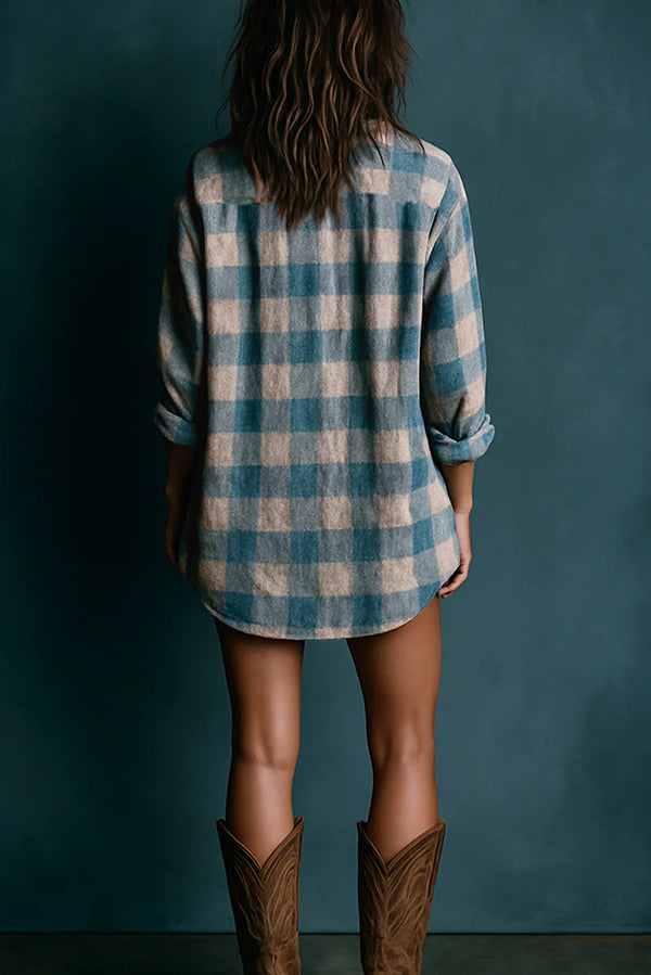 Plaid Print Loose Long Sleeve Mini Dress