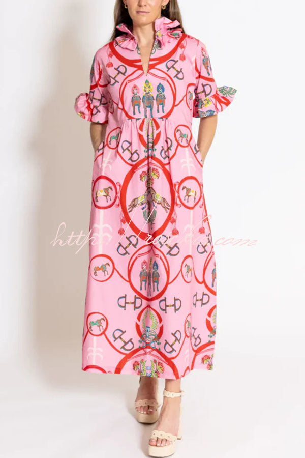 Warhorse Print Caftan Midi Dress with Ruffle Sleeves