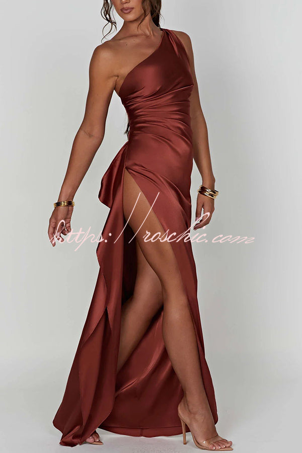 Satin One Shoulder Maxi Dress with Thigh-High Slit