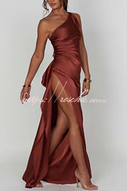 Satin One Shoulder Maxi Dress with Thigh-High Slit