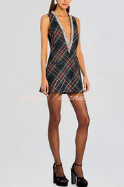 Satin Deep V-Neck Mini Dress with Gemstone Trim