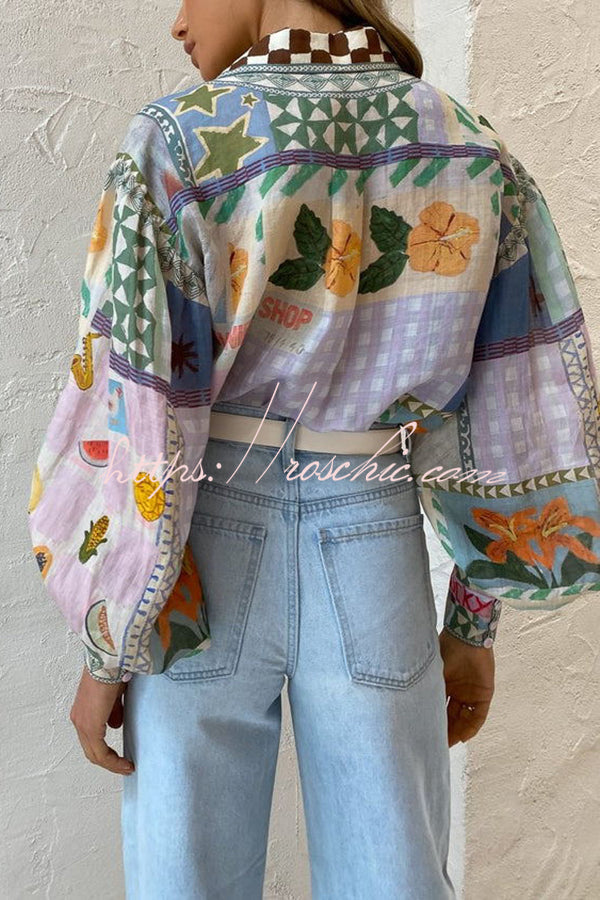 Printed Balloon Sleeve Loose Button Shirt | Vacation Top