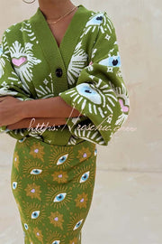 Eye & Heart Pattern Knit Cardigan – Loose Fit Long Sleeve