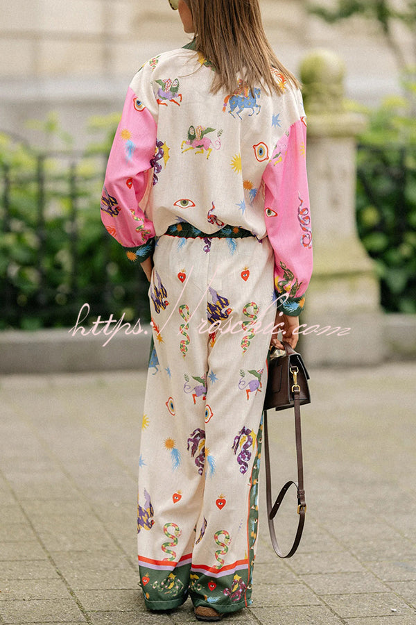 Linen Blend Printed Loose Blouse and Pants Set with Pockets