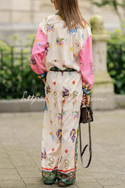 Linen Blend Printed Loose Blouse and Pants Set with Pockets