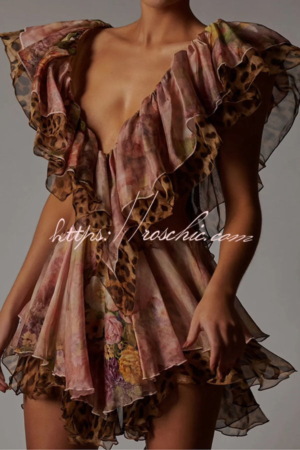 Floral Leopard Print Cutout Waist Tiered Ruffle Mini Dress