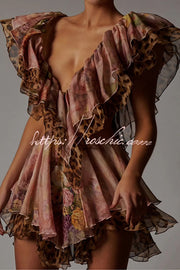 Floral Leopard Print Cutout Waist Tiered Ruffle Mini Dress
