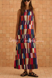 Linen Blend Color Block Sleeveless Maxi Dress