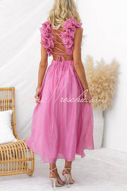 Floral Chiffon Maxi Dress with Ruffle Detail & Lace-Up Back