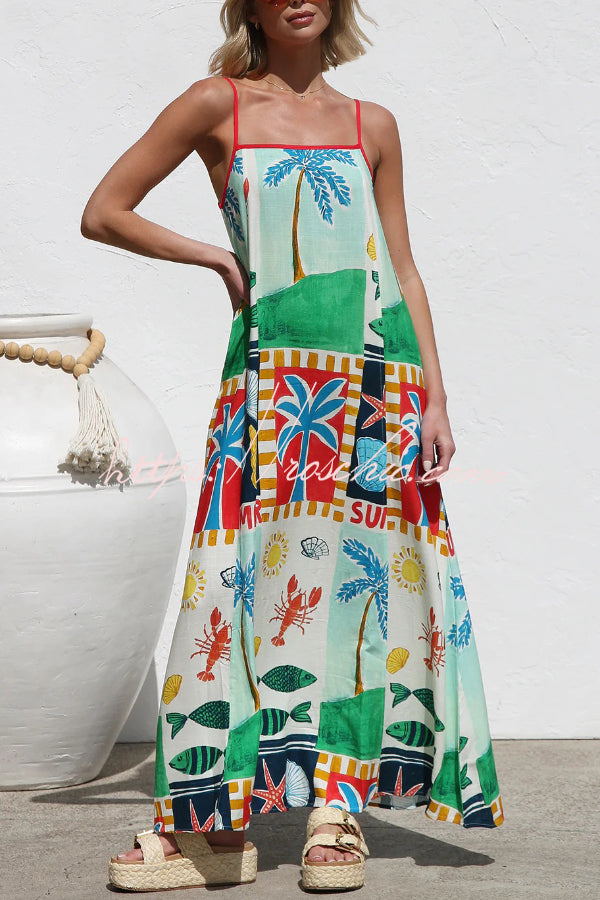 Robe longue imprimée sans manches à col carré avec poches