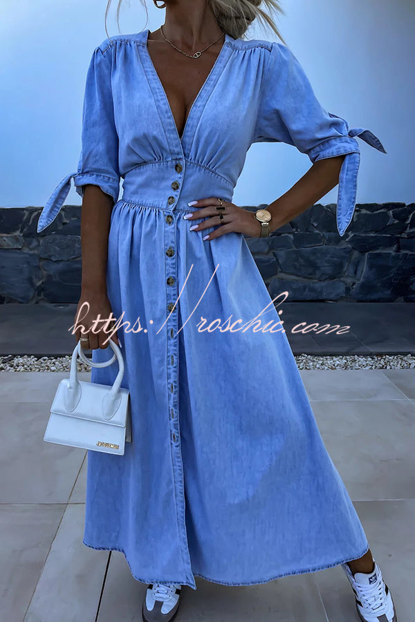 Denim Midi Dress V-Neck Button-Down Half Sleeve Loose Fit