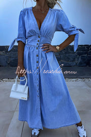 Denim Midi Dress V-Neck Button-Down Half Sleeve Loose Fit