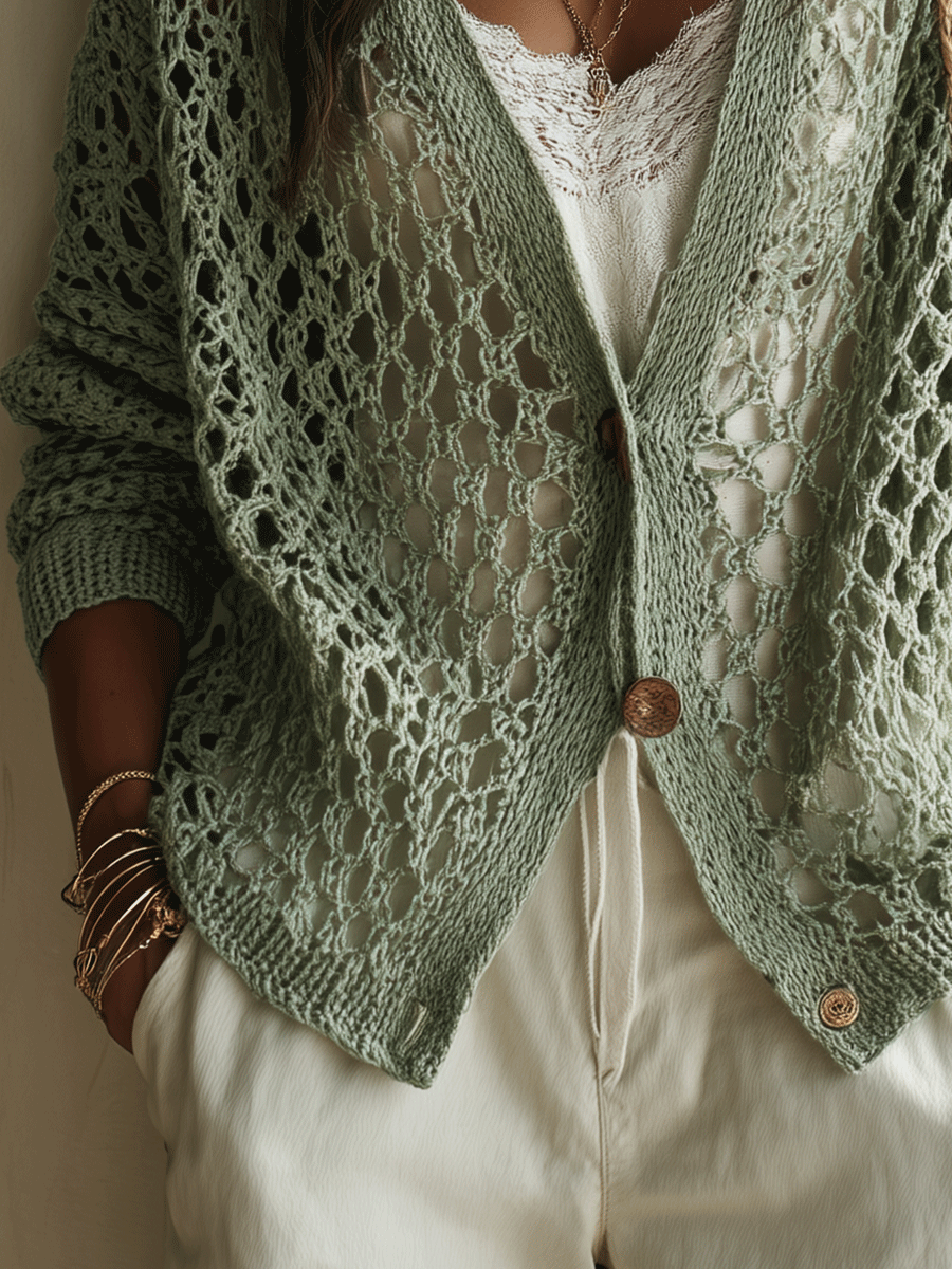 Sage Lace Knit Button-Front Cardigan | Lightweight Layer