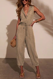 Women's Sleeveless Denim Jumpsuit with Elastic Waist & Pockets