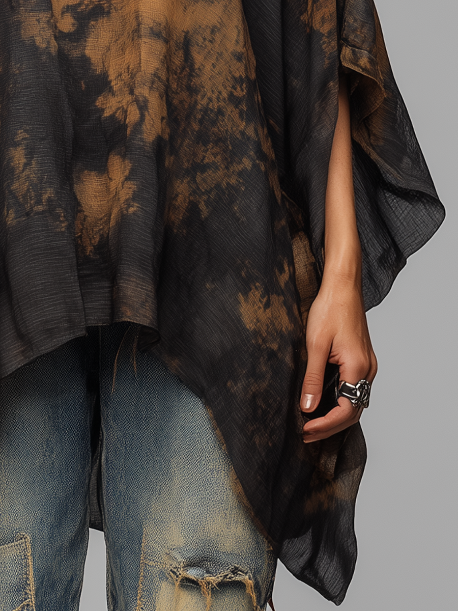 Black Abstract Print Poncho Top | Relaxed Draped Fit