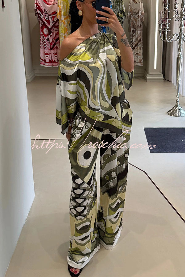 Satin Cape-Sleeve Top & Wide-Leg Pants Set | Vacation