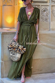 Linen Blend Draped Kimono Maxi Dress with Braided Tie