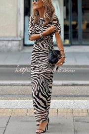 Zebra Print Mesh Ruched Maxi Dress – Long Sleeve