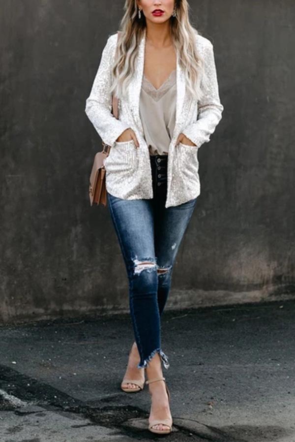 Long Sleeve Sequin Blazer with Lapel Collar