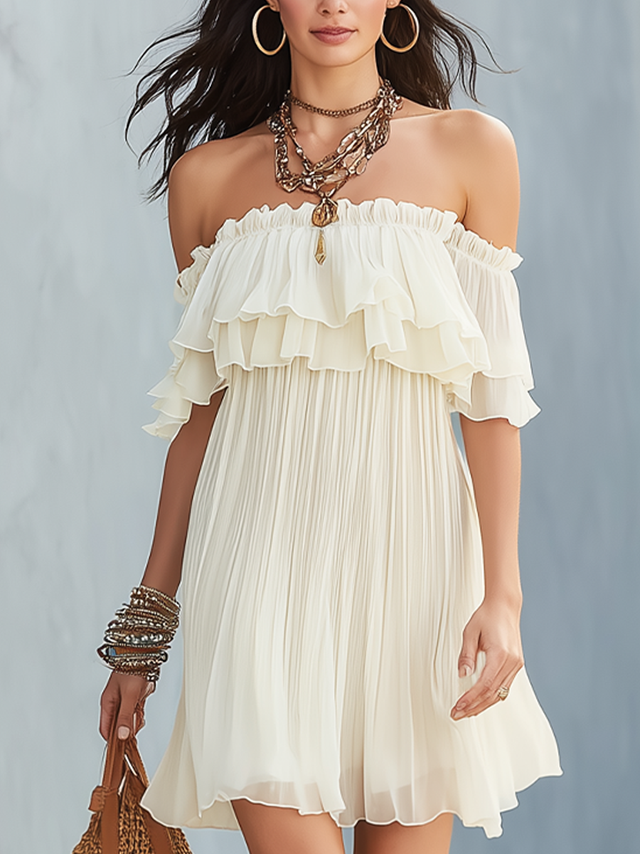 Off-White Pleated Chiffon Boho Mini Dress with Bishop Sleeves