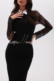 Lace Midi Dress with Detachable Bow Collar, Long Sleeve