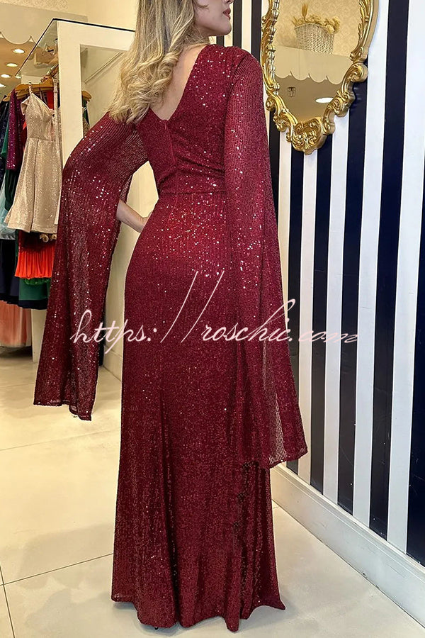 Sequin Cape Sleeve Cross-Waist Evening Maxi Dress
