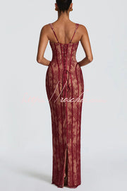 Floral Lace Square Neck Lace-Up Slit Maxi Dress