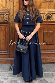 Denim Crop Jacket with Metal Pattern Buttons & Slit Sleeves
