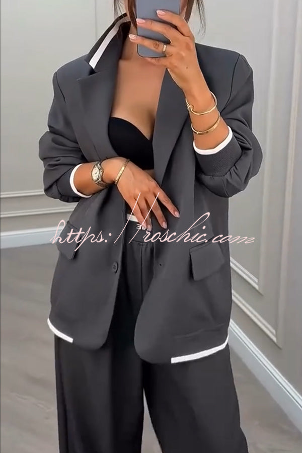 Ribbed Colorblock Lapel Blazer & Loose Pants Set