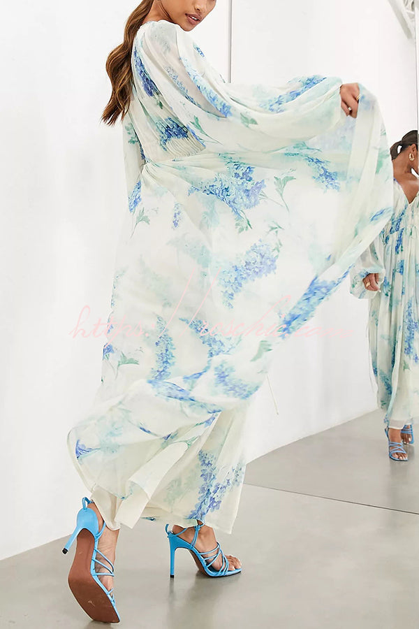 Chiffon Floral Maxi Dress with Drawstring Waist & Lantern Sleeves