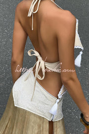 Halter Neck Lace-Up Backless Crop Top with Tassel Detail