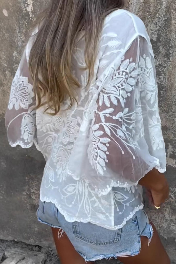 Embroidered Floral Batwing Sleeve Loose Casual Top