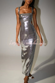 Sequin Backless Maxi Dress – Wide Strap Cutout Waist